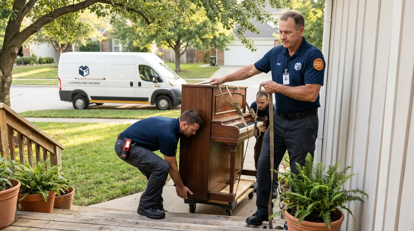 Licensed piano movers securing grand piano in Sandusky, OH
